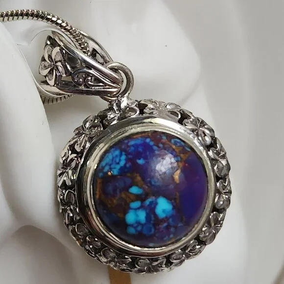 2011 925 Artisian Natural Purple Copper Turquoise Round Pendant 18" Silver Chain - Picture 4 of 10